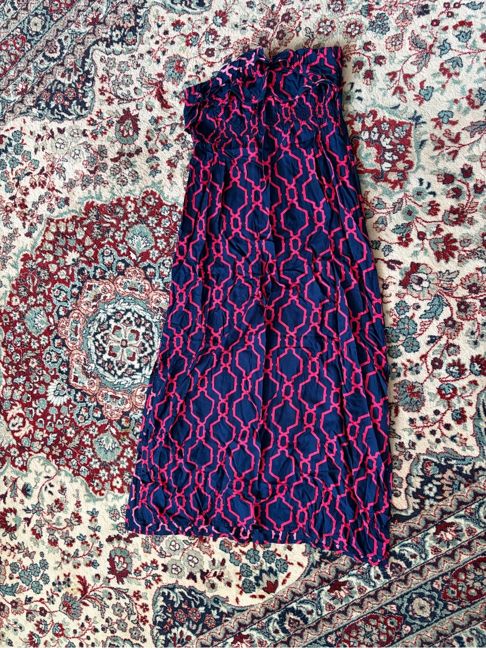 escapada Navy Dress with Bright Pink Geometric Print
